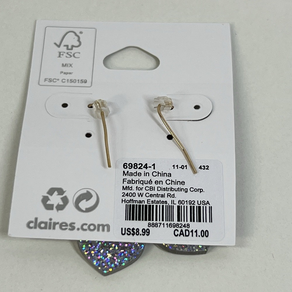 Claires Heart Drop Earrings XOXO Love You Glitter Valentine Pink Purple Blue‎ - Picture 2 of 4